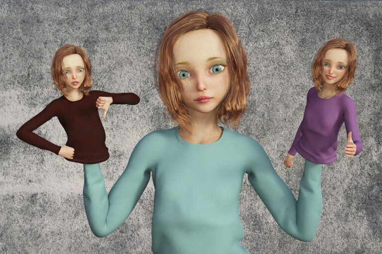 Frau, fühlt sich zwischen zwei Handpuppen innerlich zerrissen